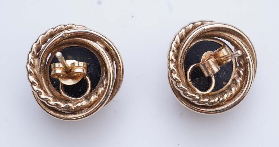 Eight pairs of earrings and pendant, comprising: a pair of onyx studs; a pair of emerald studs; a pair of sapphire and diamond drop earrings; a pair of opal drop earrings; a pair of garnet drop earrings; and a shell pend